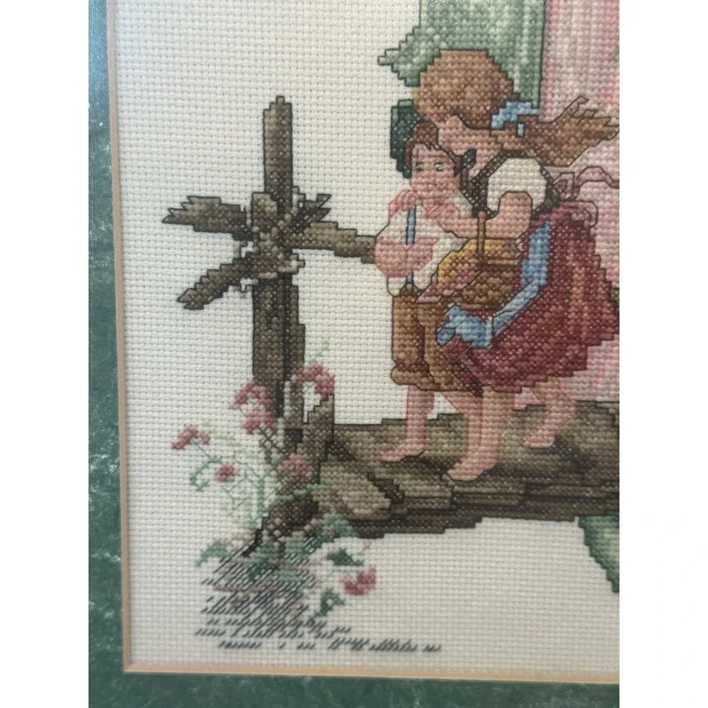Vintage Guardian Angel Cross Stitch Framed Matted Leisure Arts Wall Hanging 21
